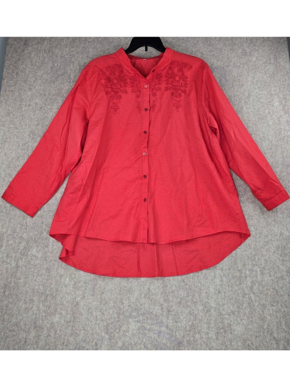 Red Button-Down Embroidered Shirt 2XL Cotton/Linen Blend